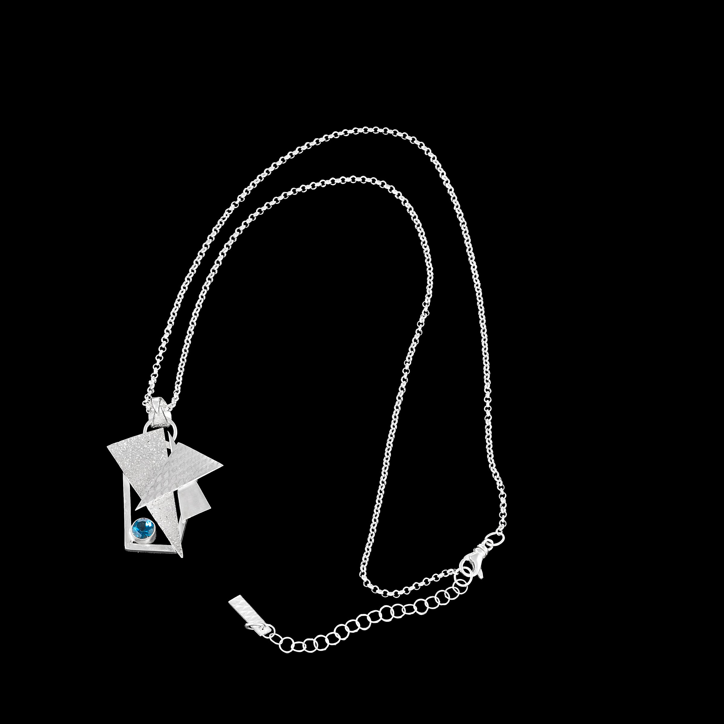 Contemporary-design pendant necklace, hand fabricated from Argentium sterling silver with a 5mm London Blue Topaz. 