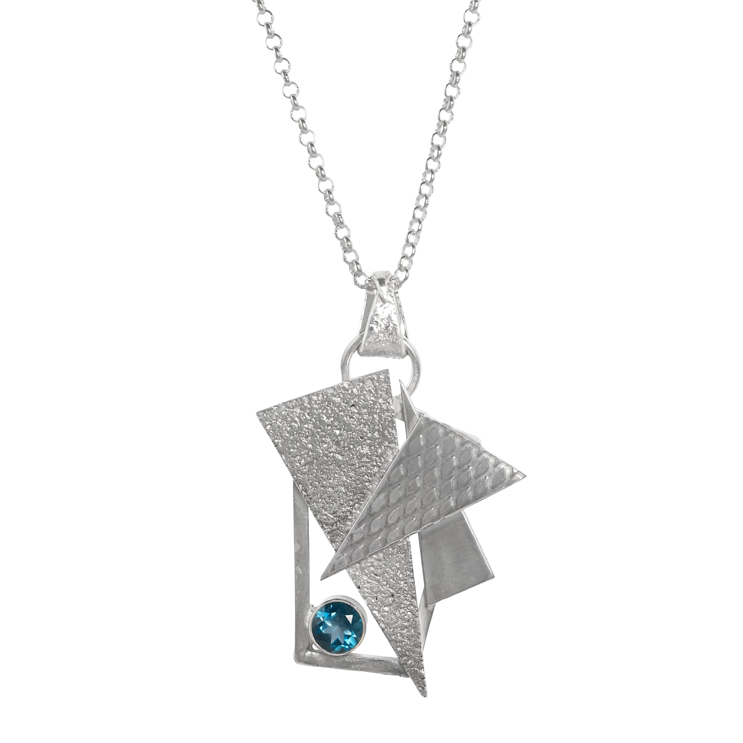 Contemporary-design pendant necklace, hand fabricated from Argentium sterling silver with a 5mm London Blue Topaz. 