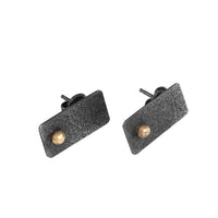 Rectangular post earrings, hand fabricated from textured and oxidized sterling silver with 14k gold elements.