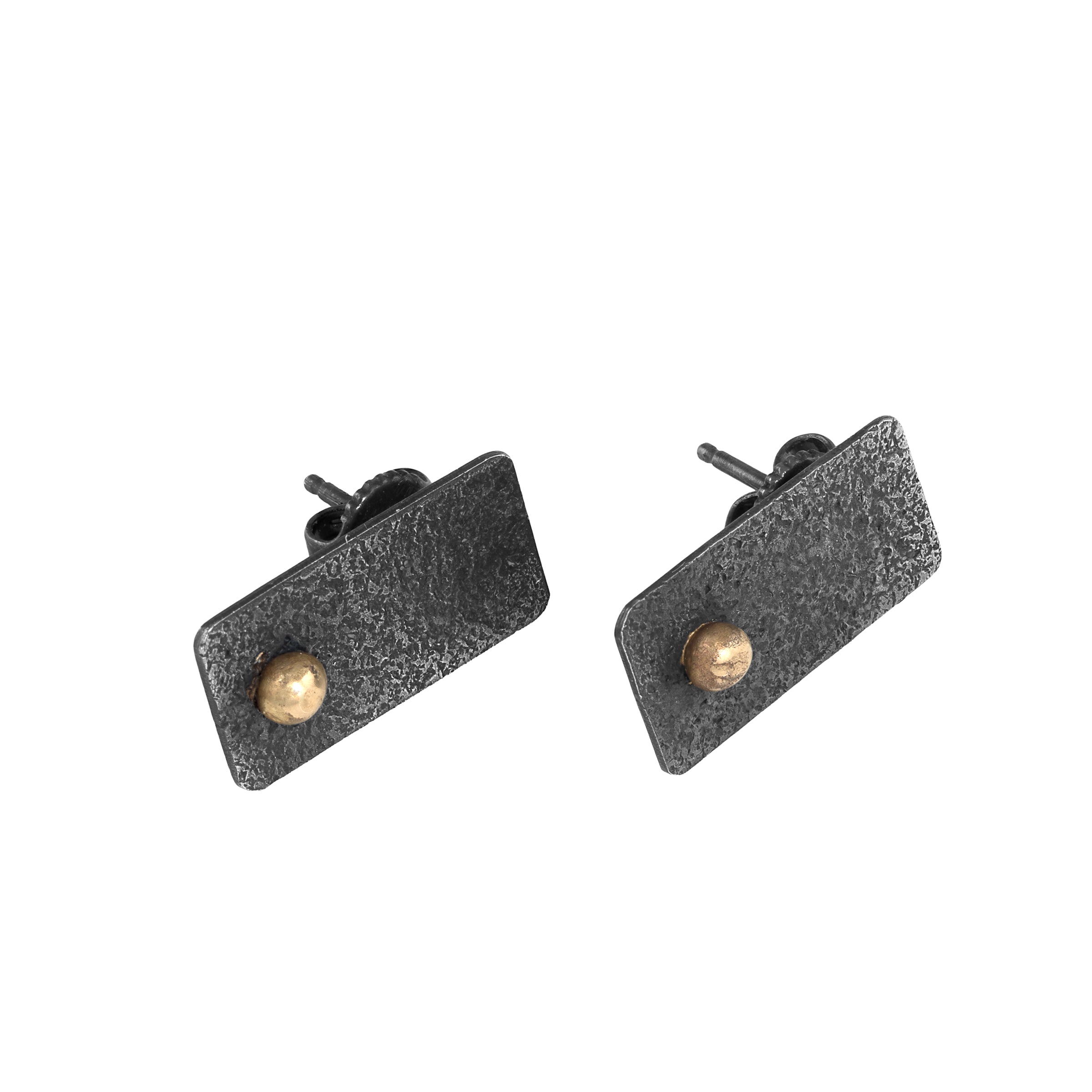 Rectangular post earrings, hand fabricated from textured and oxidized sterling silver with 14k gold elements.