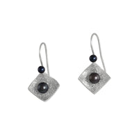 Hand-fabricated, drop earrings in sterling silver with 6mm black pearls.