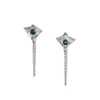 Handcrafted, sterling silver post earrings featuring teal topaz gemstones and dangling silver chains.
