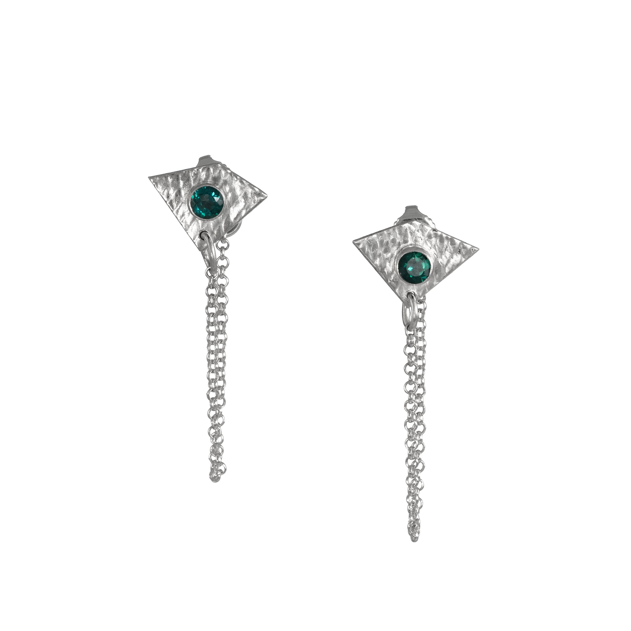 Handcrafted, sterling silver post earrings featuring teal topaz gemstones and dangling silver chains.