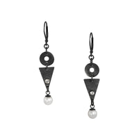 Contemporary geometric design dangle earrings, hand-fabricated in oxidized sterling silver and highlighted by freshwater pearls and white topaz. 