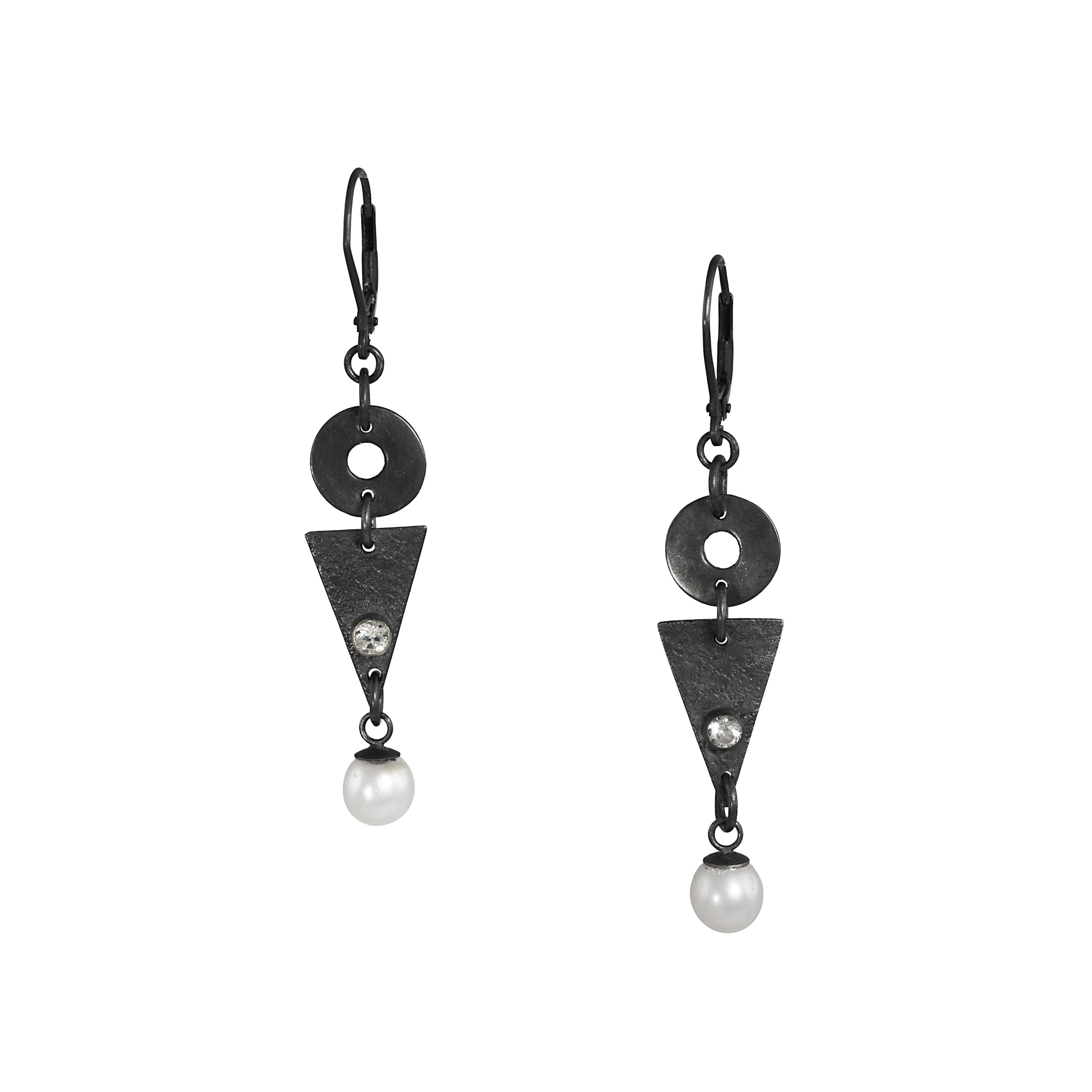 Contemporary geometric design dangle earrings, hand-fabricated in oxidized sterling silver and highlighted by freshwater pearls and white topaz. 
