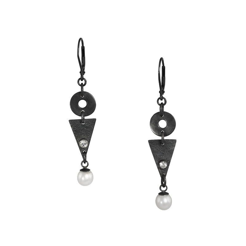 Contemporary geometric design dangle earrings, hand-fabricated in oxidized sterling silver and highlighted by freshwater pearls and white topaz. 