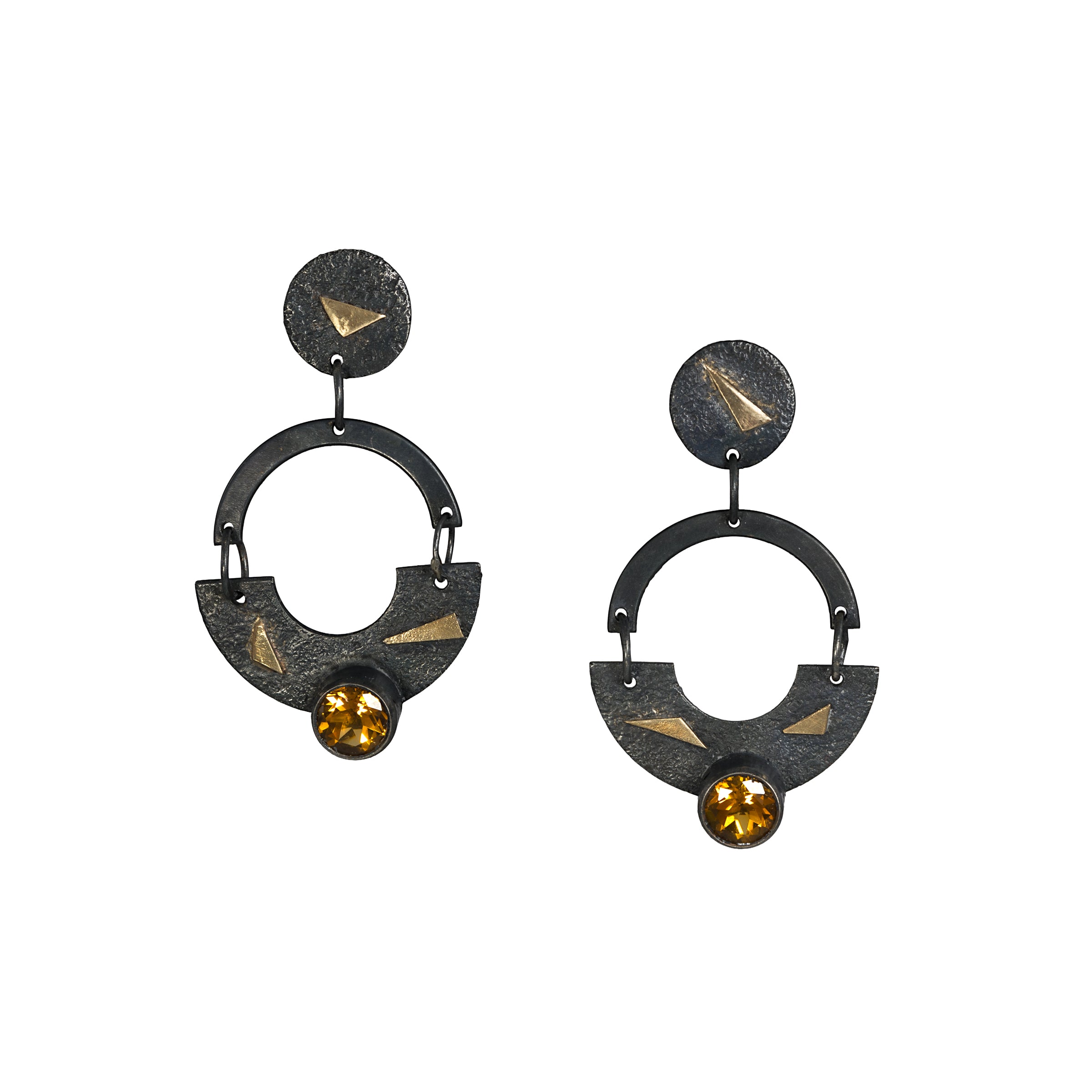 Contemporary design dangle earrings, hand-fabricated in oxidized sterling silver and highlighted by 14K gold accents and golden citrines. 