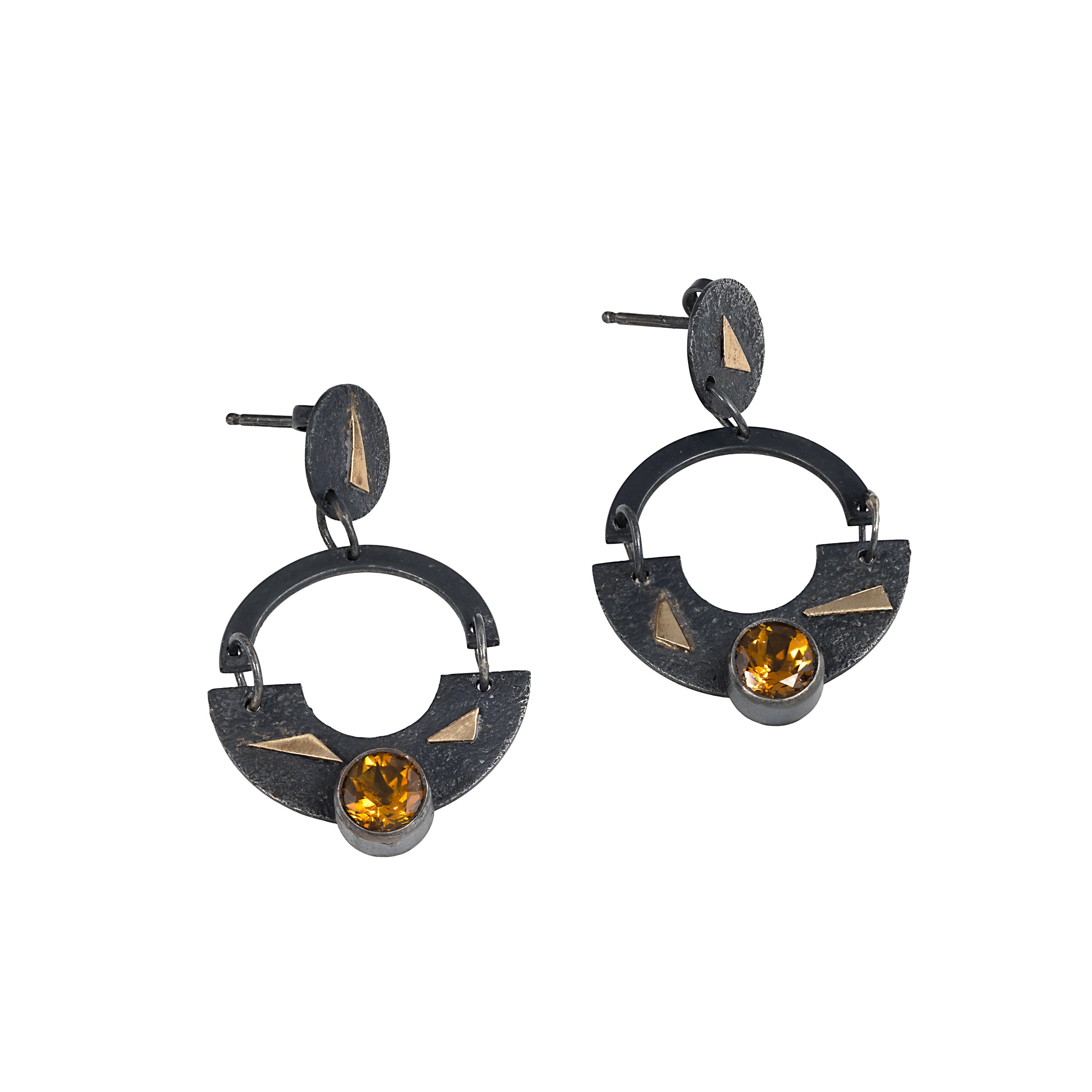 Contemporary design dangle earrings, hand-fabricated in oxidized sterling silver and highlighted by 14K gold accents and golden citrines. 