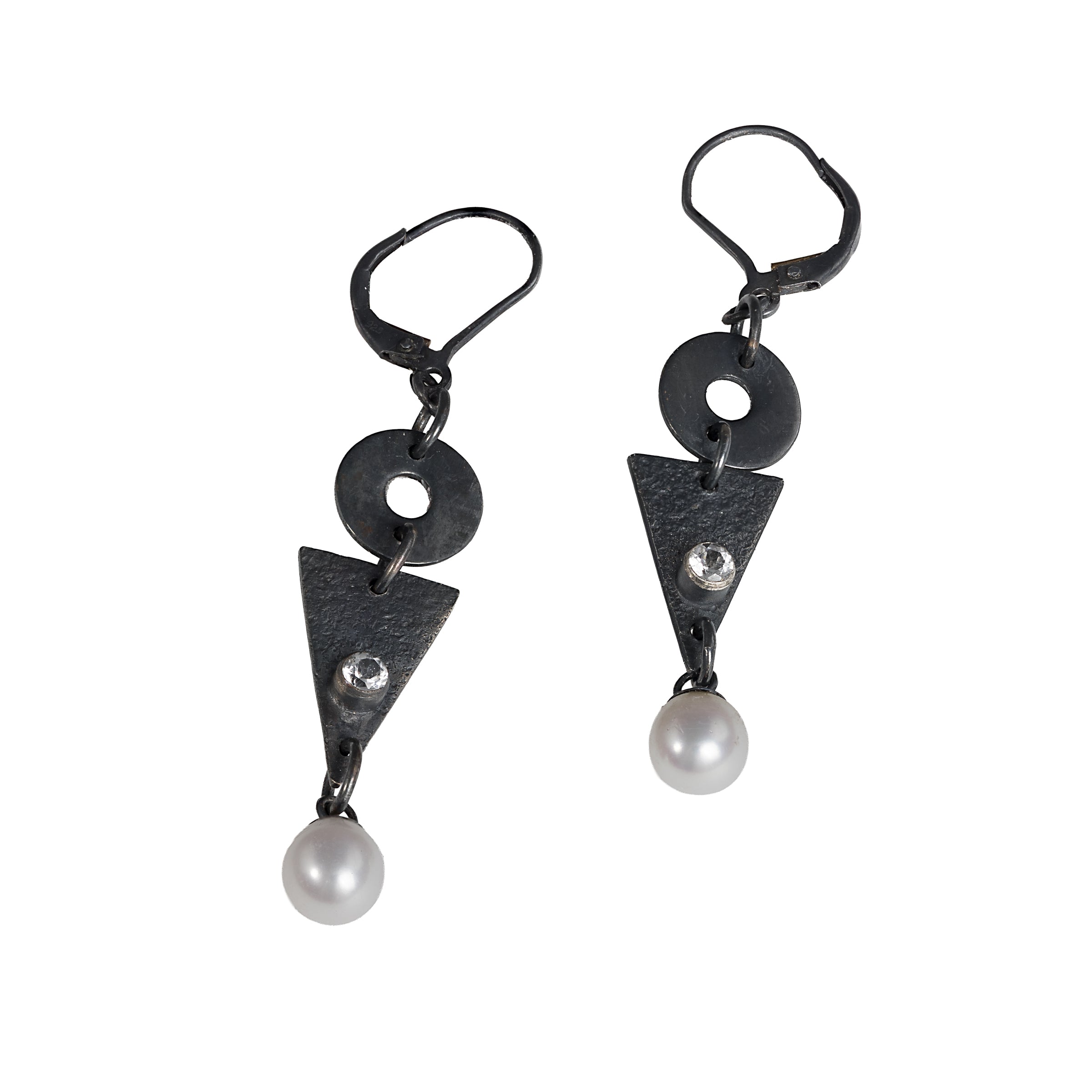 Contemporary geometric design dangle earrings, hand-fabricated in oxidized sterling silver and highlighted by freshwater pearls and white topaz. 
