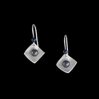 Hand-fabricated, drop earrings in sterling silver with 6mm black pearls.