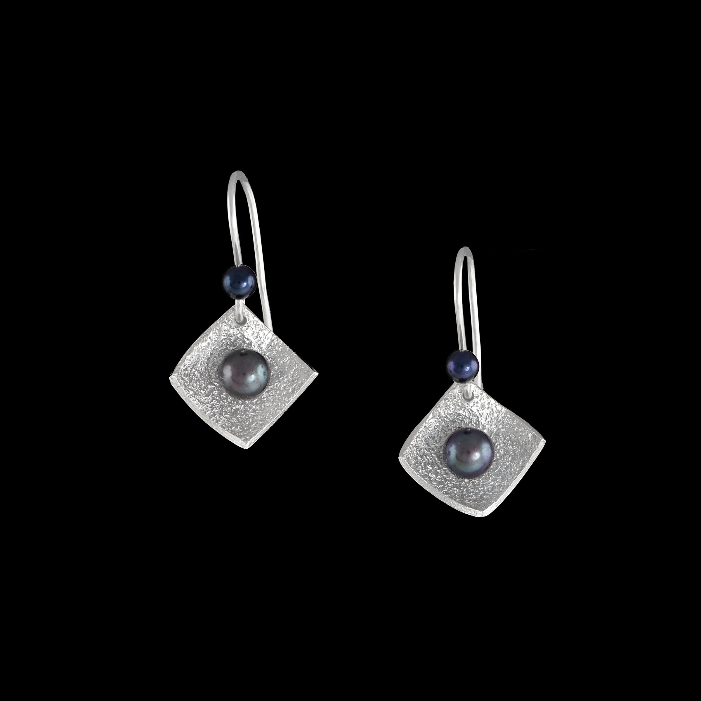 Hand-fabricated, drop earrings in sterling silver with 6mm black pearls.