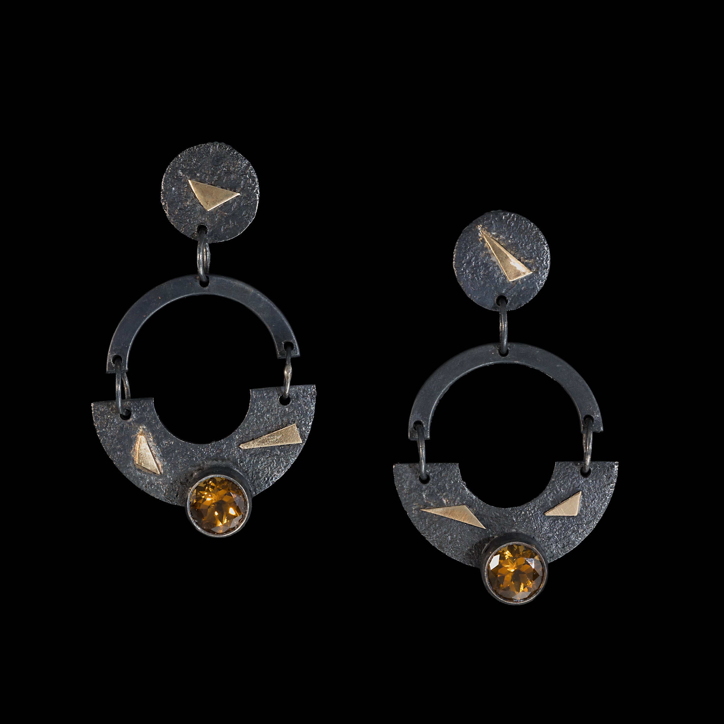 Contemporary design dangle earrings, hand-fabricated in oxidized sterling silver and highlighted by 14K gold accents and golden citrines. 