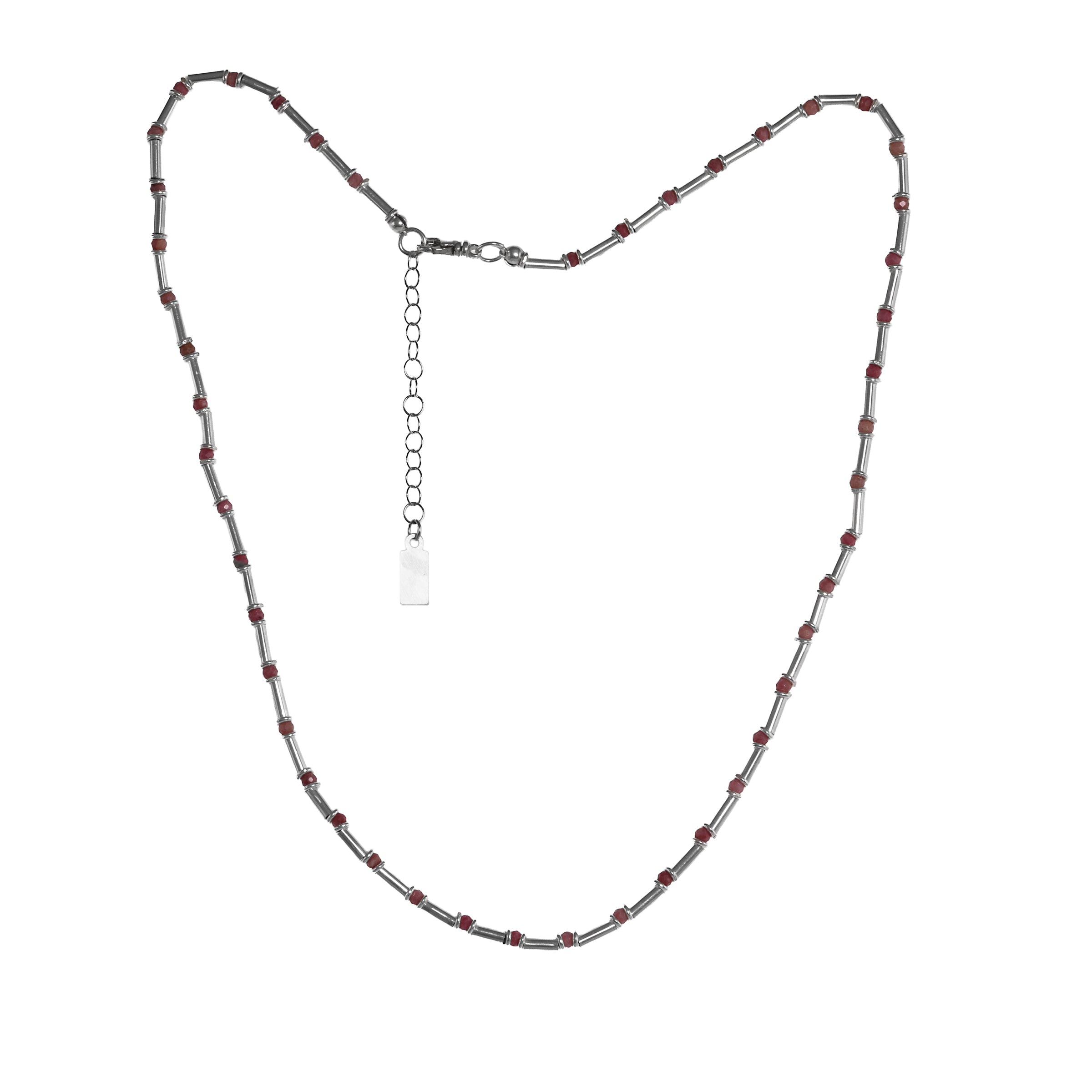 Handcrafted necklace with rhodochosite beads interspersed with sterling silver tubes.