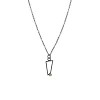 Geometric design pendants, handcrafted with Argentium sterling silver and green peridots set in 18K gold bezels.  Sterling silver chain.