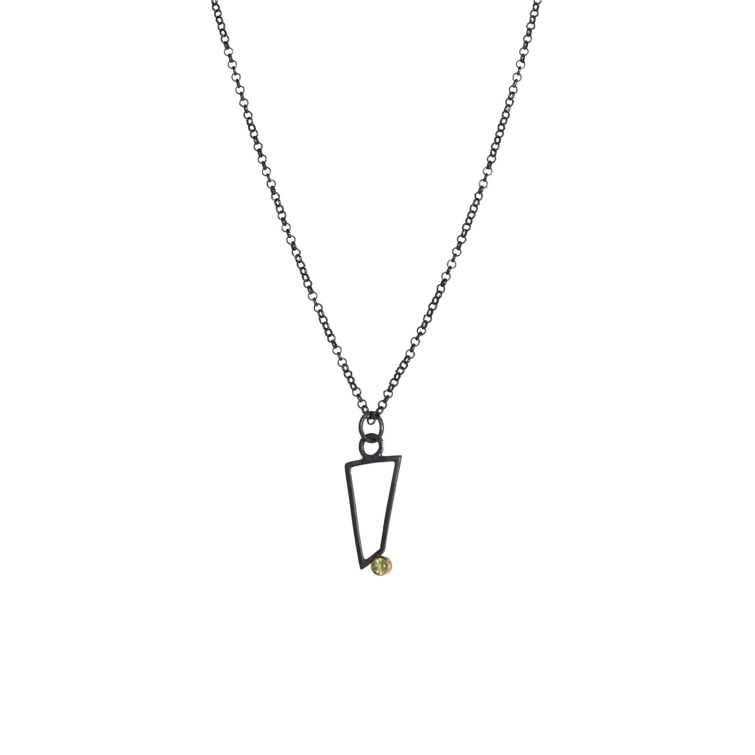 Geometric design pendants, handcrafted with Argentium sterling silver and green peridots set in 18K gold bezels.  Sterling silver chain.
