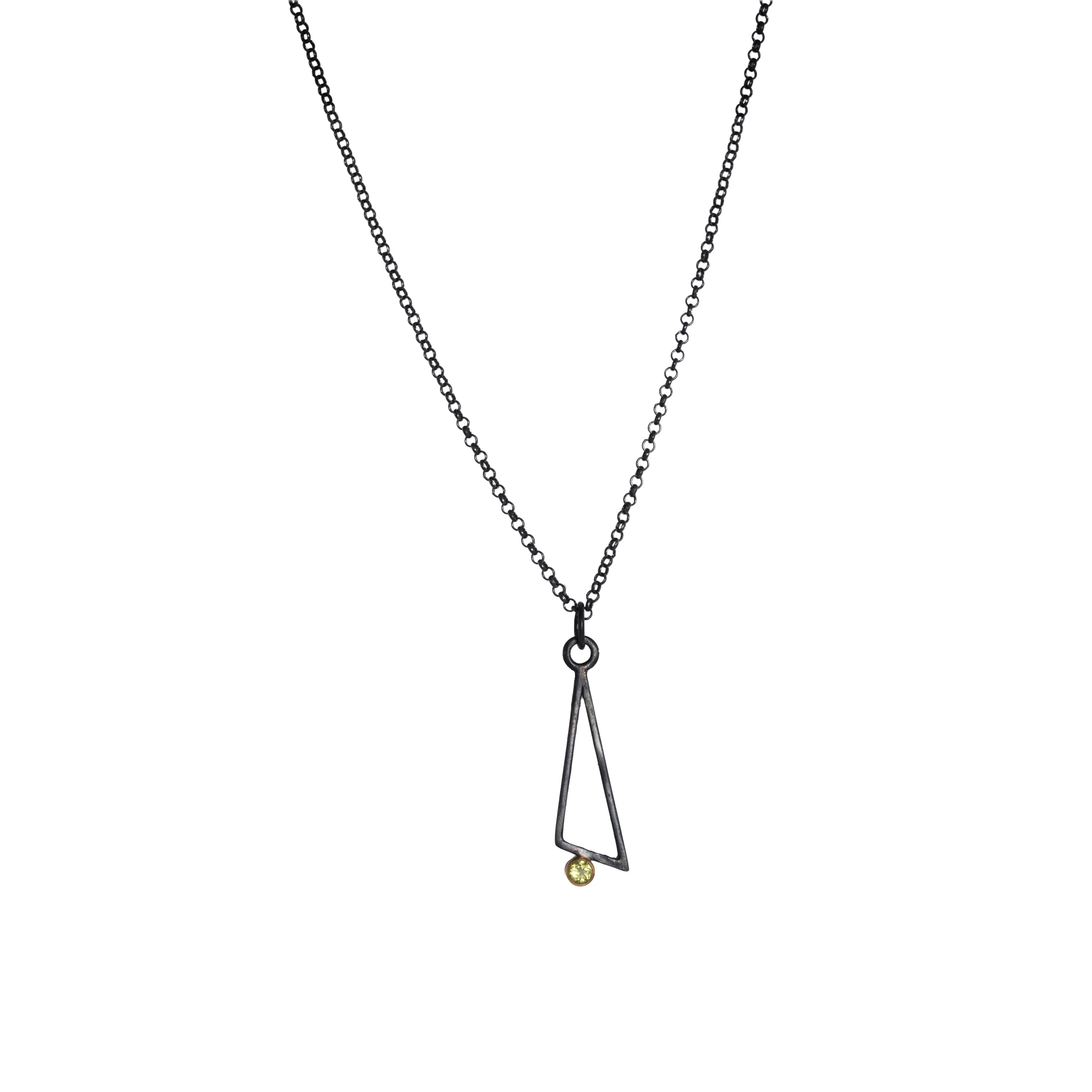 Geometric design pendants, handcrafted with Argentium sterling silver and green peridots set in 18K gold bezels.  Sterling silver chain.