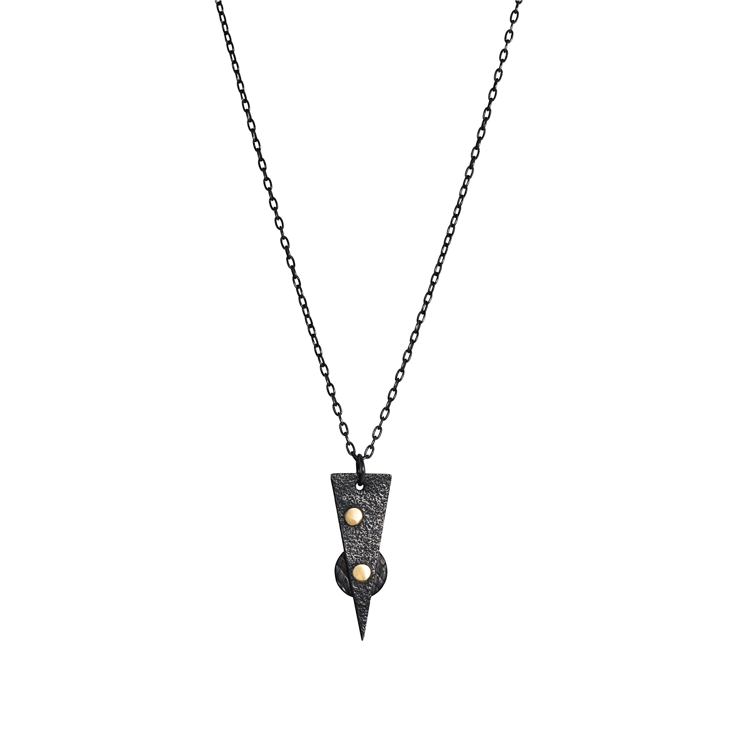 Oxidized argentium sterling silver and 18K gold charm pendant necklace with contemporary geometric styling in a layered look.