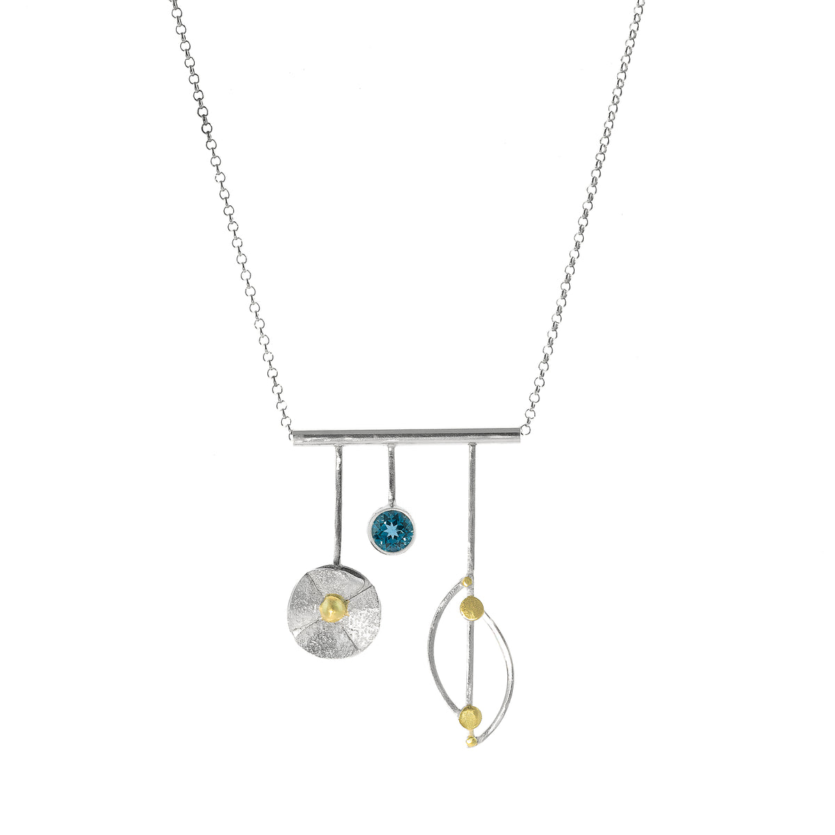 Sterling silver and 18K gold pendant necklace with London blue topaz (December birthstone) on sterling silver chain.