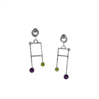 Hand forged Argentium sterling silver post earrings.  These Art Deco earrings are set with white topaz, peridot and amethyst stones.