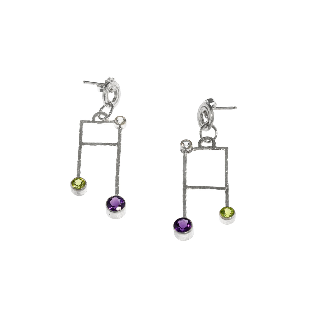 Hand forged Argentium sterling silver post earrings.  These Art Deco earrings are set with white topaz, peridot and amethyst stones.