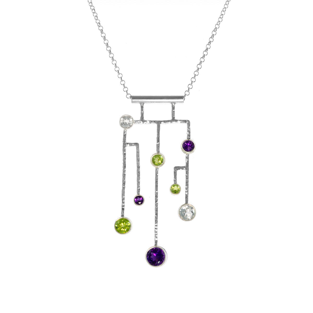 Handmade Argentium and sterling silver pendant necklace with white topaz, peridot and amethyst stones.