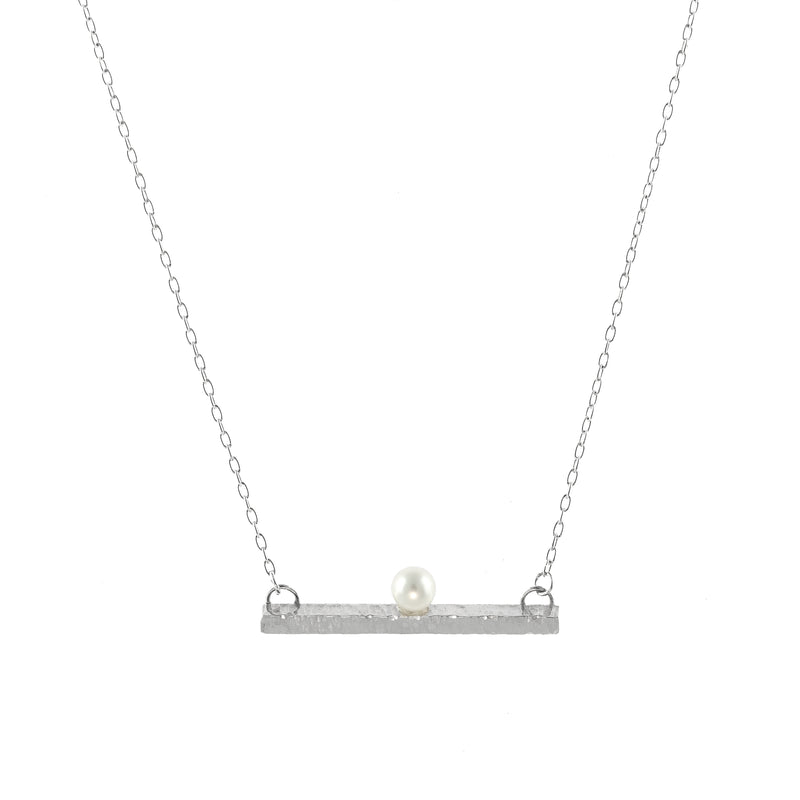 Hand-forged sterling silver bar with a 6mm white freshwater pearl on a sterling silver chain.  