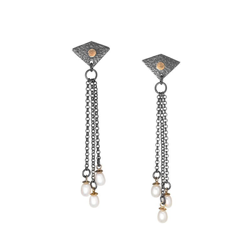 Unique, dangle earrings, hand-crafted in oxidized sterling silver with 14k gold elements and 6mm white freshwater pearl drops on 14k gold pegs.