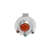 One-of-a-kind, statement ring in sterling silver with a 10mm orange chalcedony cabochon surrounded by three faceted stones – a fire citrine, London blue topaz and purple amethyst.  Size 8.