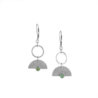 Crescent-shaped earrings handcrafted with Argentium and sterling silver and set with mint green tourmalines.