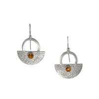 Crescent-shaped earrings handcrafted with Argentium sterling silver and set with Oregon fire opal stones. 