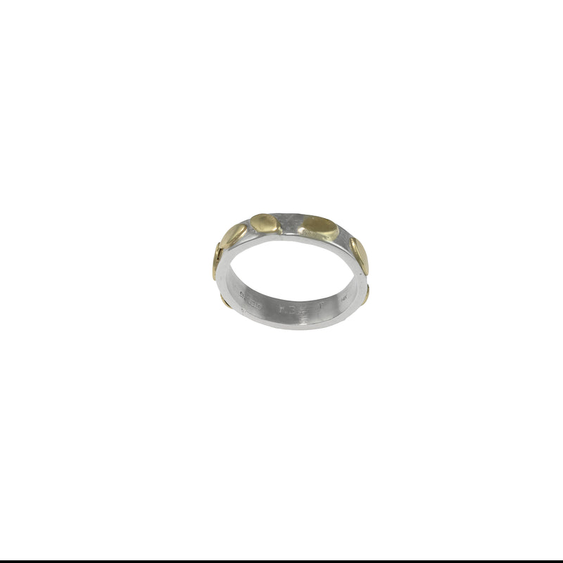 Hand-fabricated, contemporary design ring featuring 14k gold leaves sprinkled around a sterling silver band.
