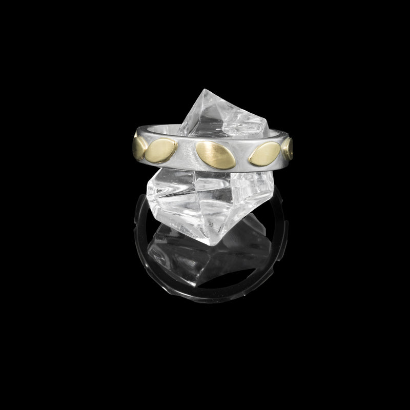 Hand-fabricated, contemporary design ring featuring 14k gold leaves sprinkled around a sterling silver band.