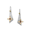 Flower-themed, dangle earrings, hand-crafted from sterling silver with 3mm red garnets centering 14k yellow gold flowers.