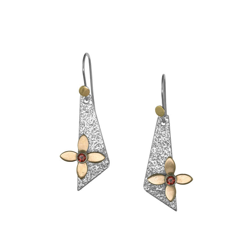 Flower-themed, dangle earrings, hand-crafted from sterling silver with 3mm red garnets centering 14k yellow gold flowers.