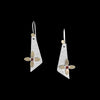 Flower-themed, dangle earrings, hand-crafted from sterling silver with 3mm red garnets centering 14k yellow gold flowers.