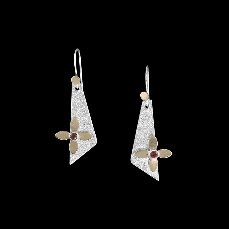 Flower-themed, dangle earrings, hand-crafted from sterling silver with 3mm red garnets centering 14k yellow gold flowers.