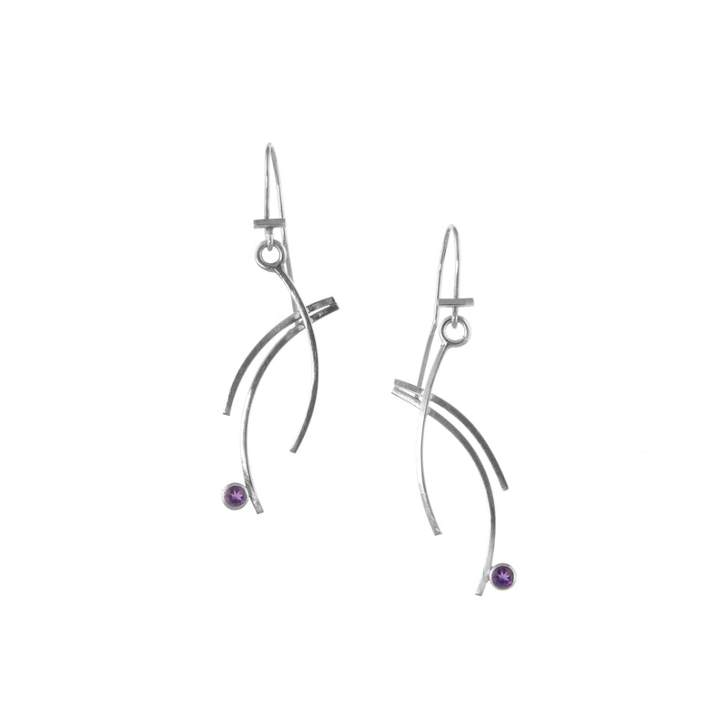 Contemporary design, dangle earrings handcrafted from Argentium sterling silver and set with purple amethysts (February birthstone). 