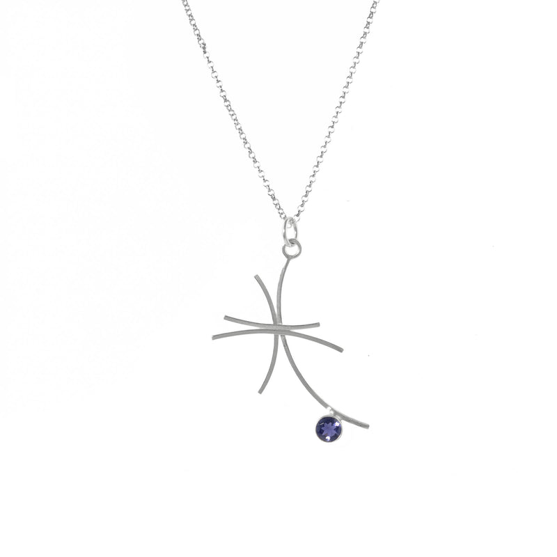 Contemporary design pendant necklace, handcrafted in Argentium sterling silver and set with a blue-purple iolite on a sterling silver chain.