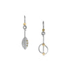 Asymmetrical, leaf-themed dangle earrings, hand-fabricated in sterling silver with 14k gold elements.
