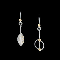 Asymmetrical, leaf-themed dangle earrings, hand-fabricated in sterling silver with 14k gold elements.