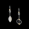 Asymmetrical, leaf-themed dangle earrings, hand-fabricated in sterling silver with 14k gold elements.