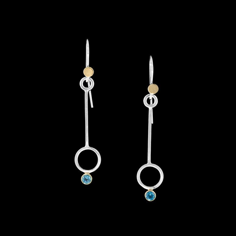 Contemporary geometric earrings, handcrafted from Argentium sterling silver with 18K gold elements and London blue topaz stones set in 18K gold.