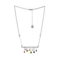 One-of-a-kind, colorful pendant necklace, hand fabricated from Argentium and sterling silver and set with pink tourmaline, Orissa garnet, orange sapphire, citrine, peridot, Swiss Blue topaz, London blue topaz, and amethyst stones.