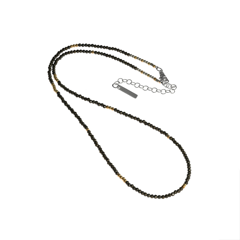 Delicate chain necklace composed of pyrite, 14K gold and sterling silver beads.