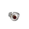 Statement ring hand-fabricated in sterling silver and set with a 6mm red garnet and 14k gold balls.