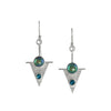 Contemporary, one-of-a-kind earrings, handcrafted from sterling silver and set with Abalone Mabe pearls and London blue topaz stones.