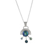 One-of-a-kind, pendant necklace, handcrafted in sterling silver and set with an Abalone Mabe pearl, Swiss blue topaz, London blue topaz and mint green tourmaline gemstones.  Sterling silver rolo chain.