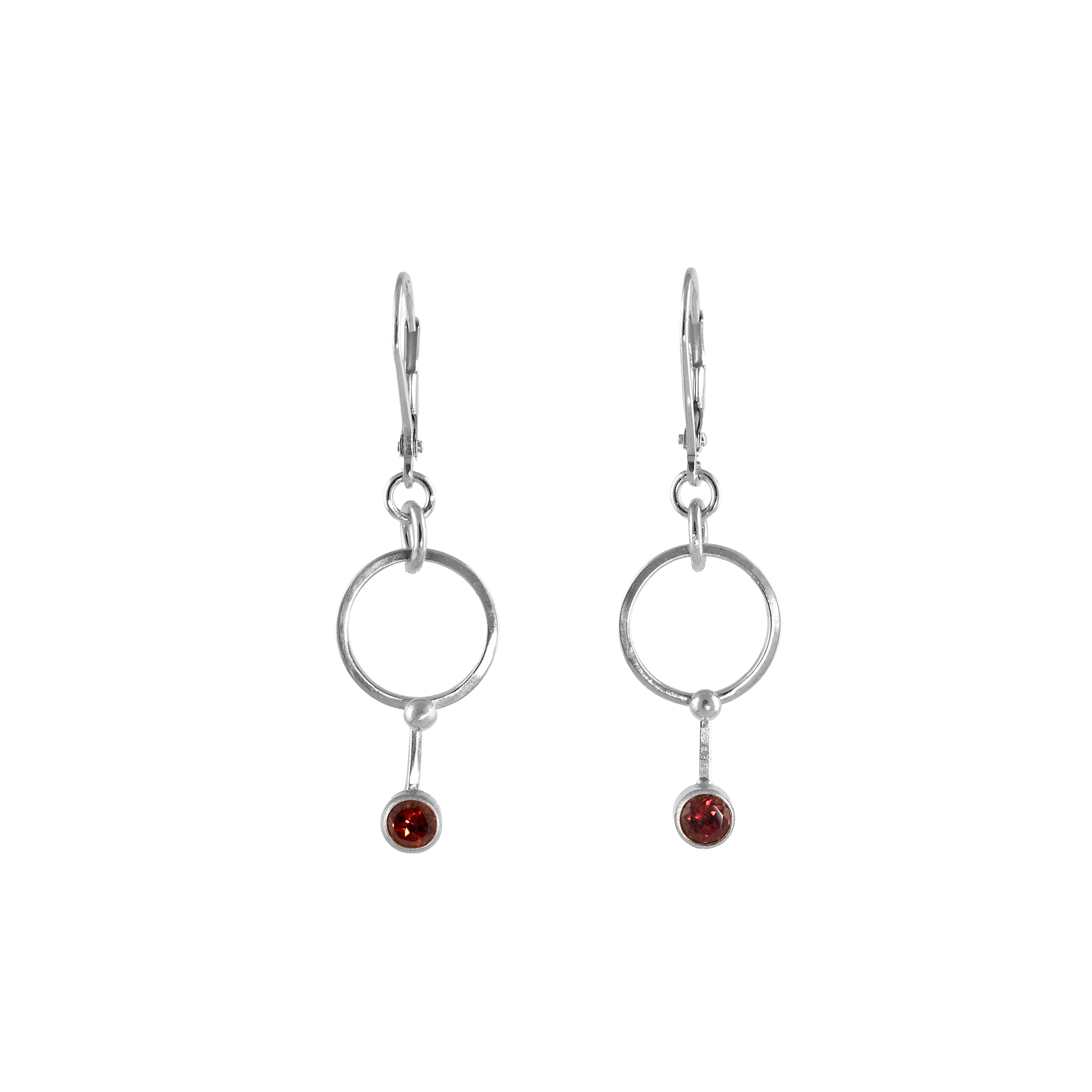 Dangle earrings, hand-fabricated from Argentium sterling silver and set with 4mm red garnets.
