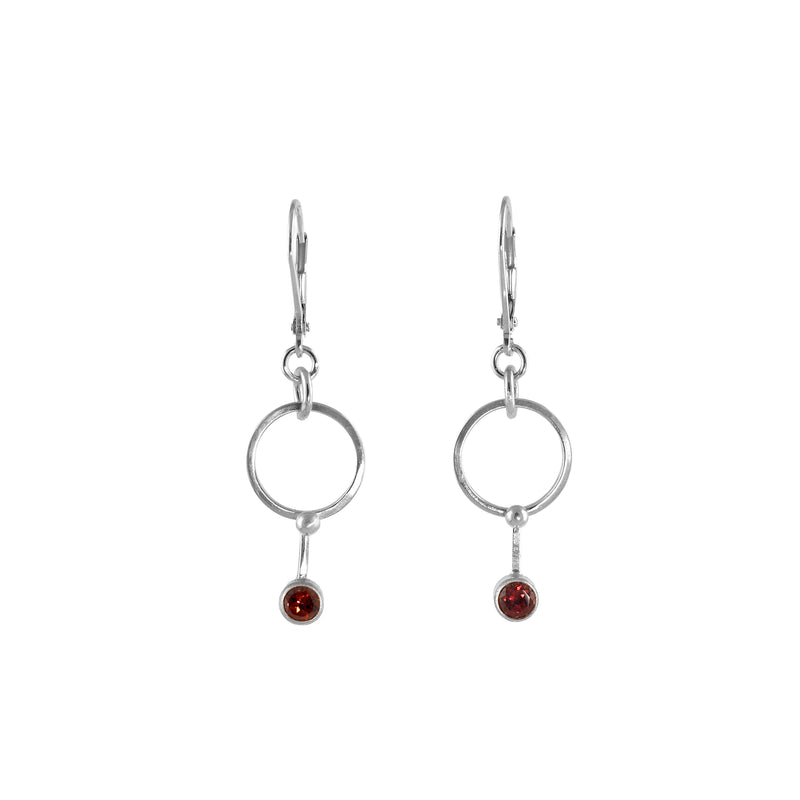 Dangle earrings, hand-fabricated from Argentium sterling silver and set with 4mm red garnets.