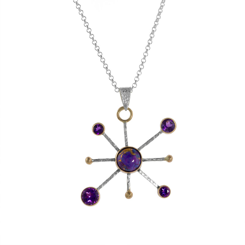 One-of-a-kind statement necklace, hand forged from Argentium and sterling silver with purple amethysts and 18K gold balls surrounding a copper charoite cabochon centerpiece, all set in 18K gold.  Sterling silver rolo chain.